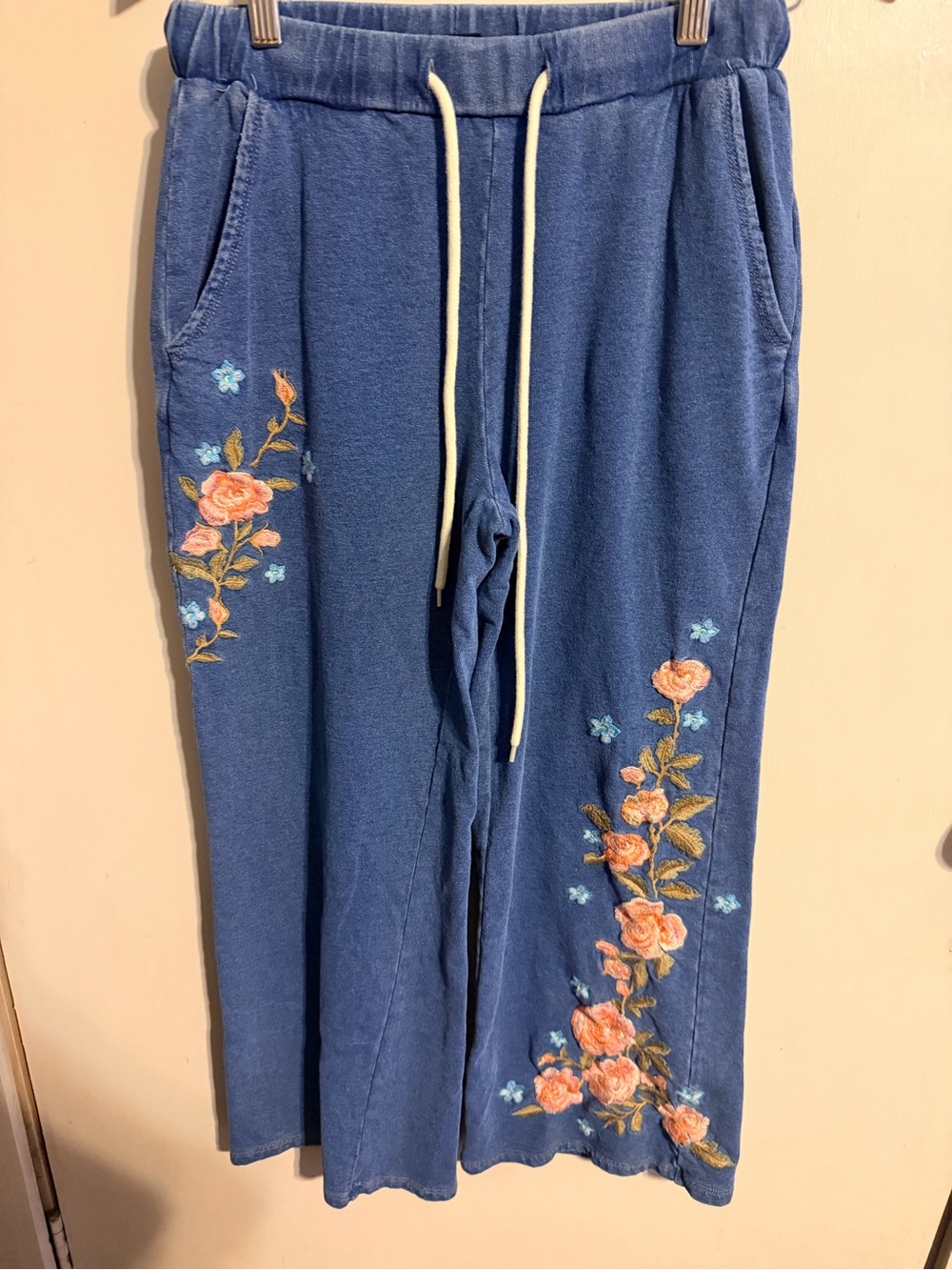 Driftwood XSP Floral Embroidered Blue Cotton Jogger Pants Boho Cottagecore - Picture 2 of 10